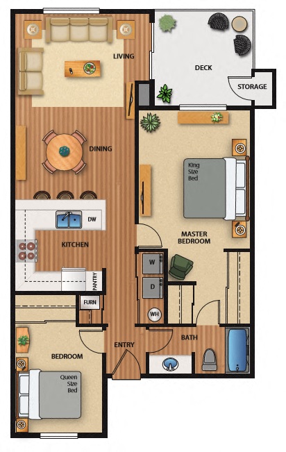 Floor plan for 2 beds, 1 bath, 943 sqft